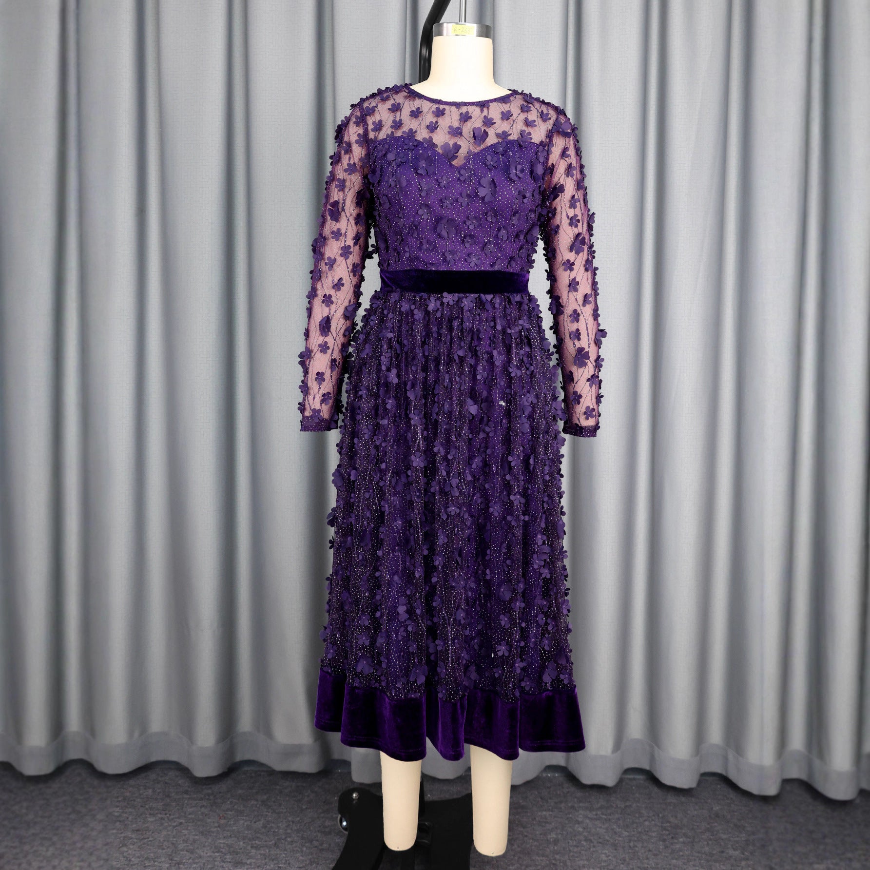 Round Neck Mesh Long Sleeve Dress Velvet Slim Waist A-Line Formal Party Midi Dress 3