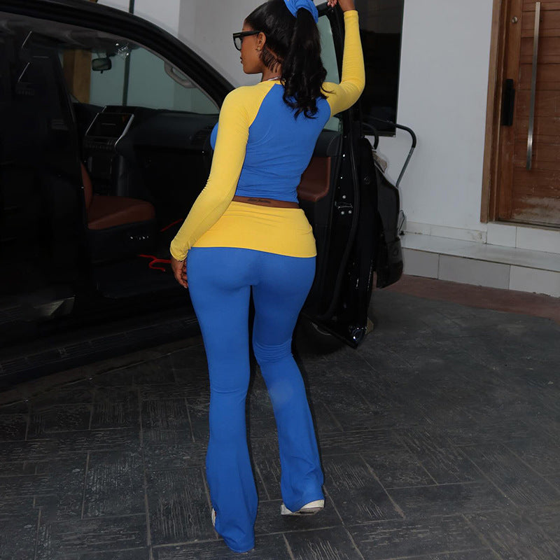 Women Contrast Raglan Long Sleeve Top and Folded Flared Trousers Two-Piece Set 10