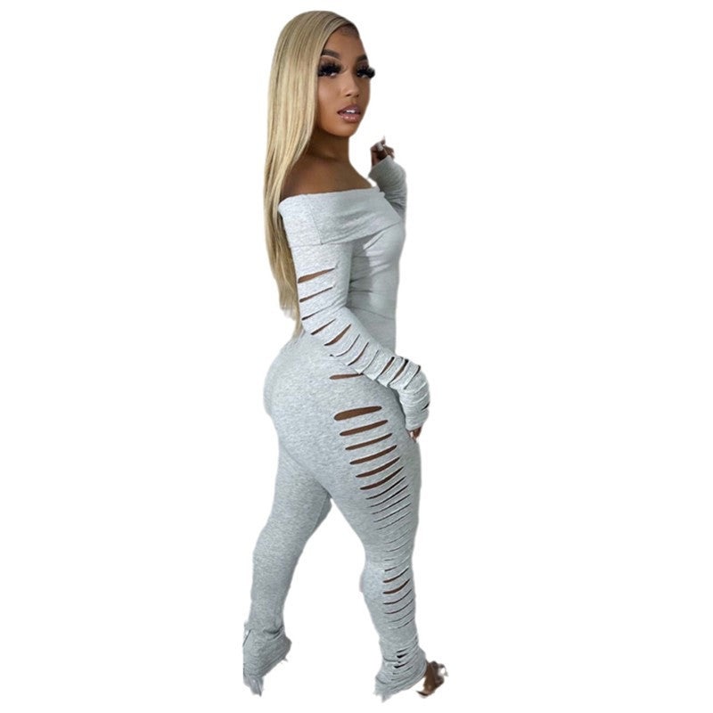 Women Off Shoulder long sleeve sexy Ripped Jumpsuit 6
