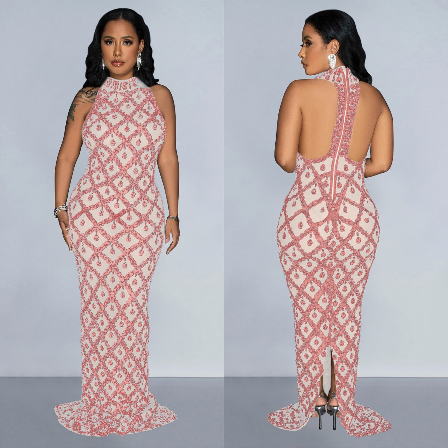 Women Solid Sequin Halter Neck Backless Maxi Dress 4