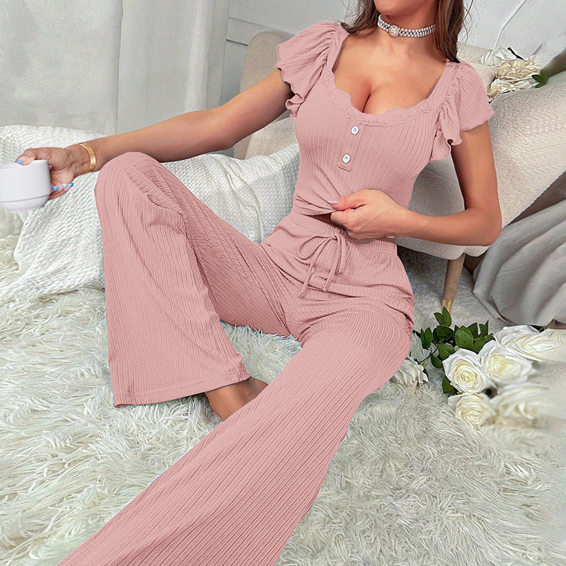 Women Short Sleeve Top Long Pants Casual Two-piece Set 5