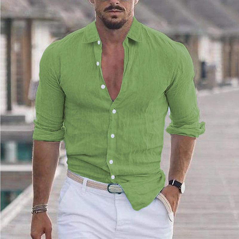 Men 's Summer Turndown Collar Long Sleeve Solid Color Beach Linen Shirt 9