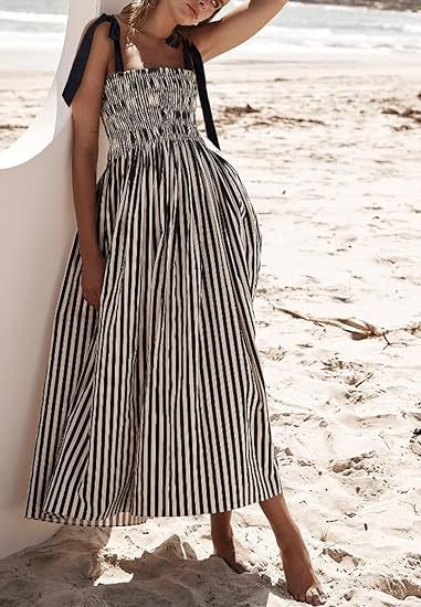 Women's Spring/Summer Striped Elastic Sexy Pocket Strap Loose Casual Dress 7