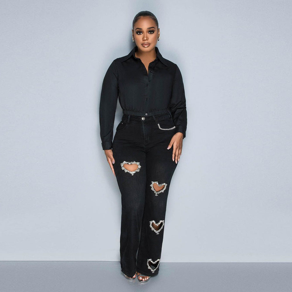 Women summer Style hollow Beaded washed Denim trousers 5