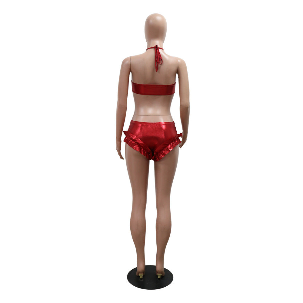 Sexy Halter Strapless Strapless Bra Top Ruffled Triangle Shorts Two-Piece Set 6