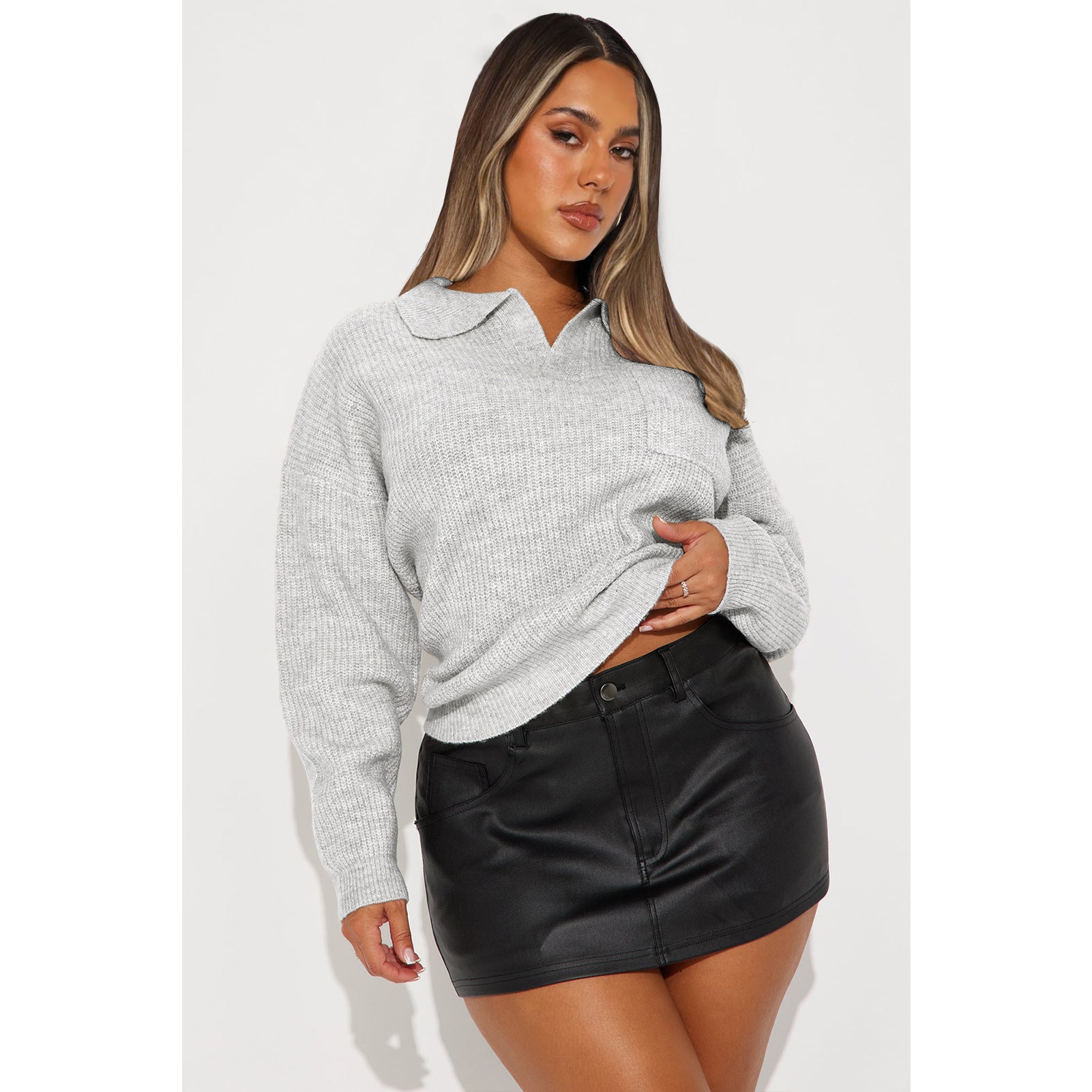 Women's Turndown Collar Loose Pullover Knitting Sweater 4