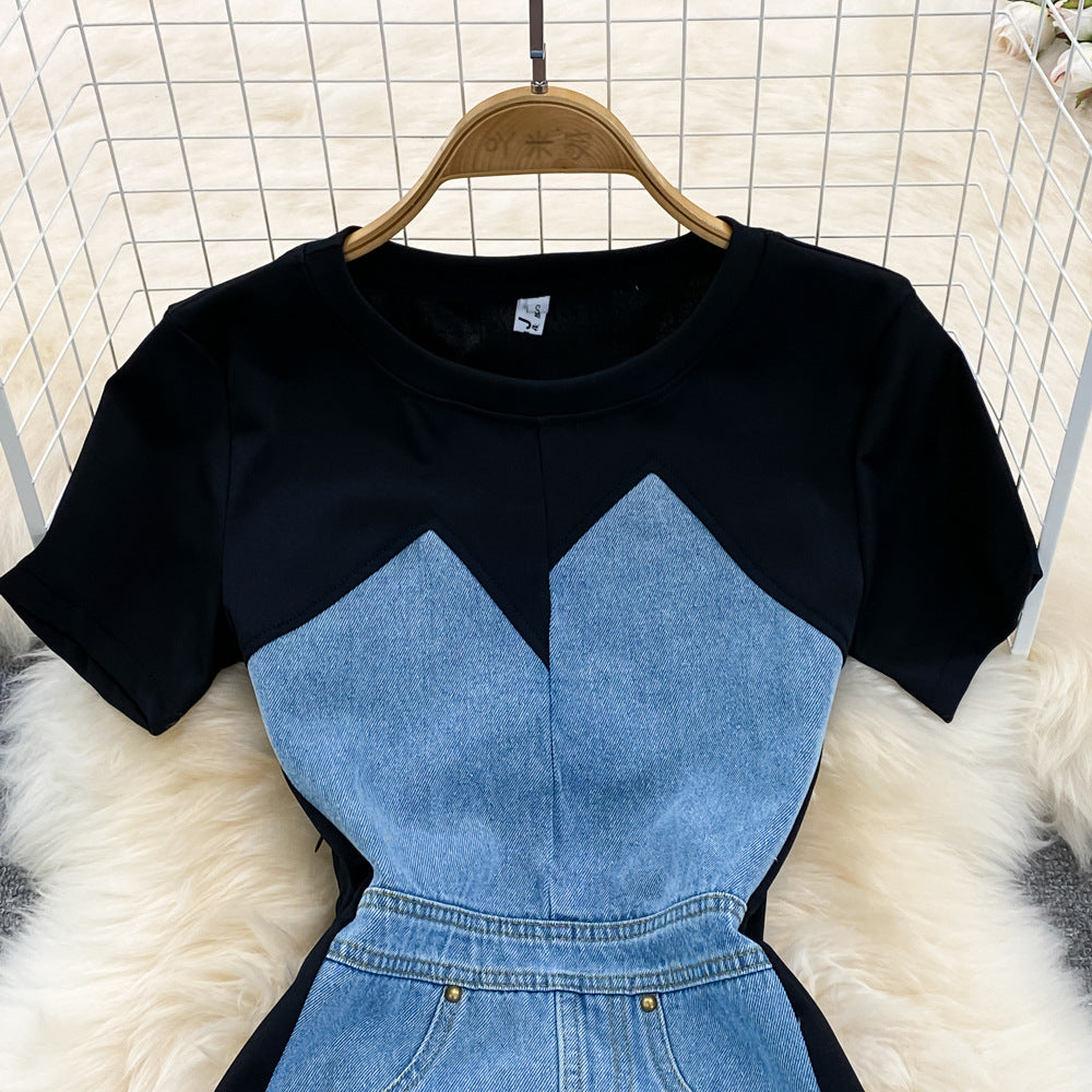 Women Round Neck Short Sleeve Denim Bodycon Dress
