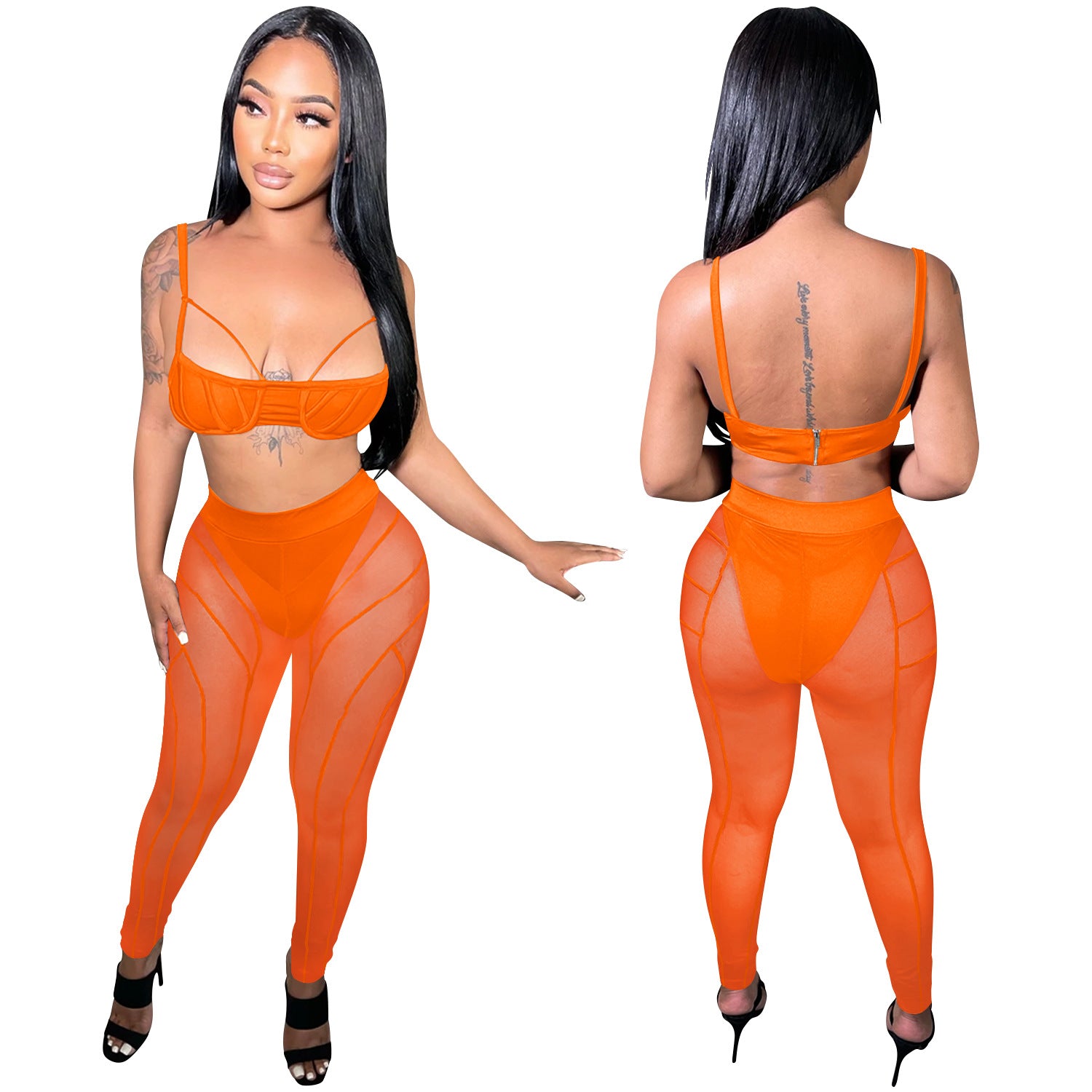 Women sexy bra strap zipper mesh See-Through trousers two-piece set 11