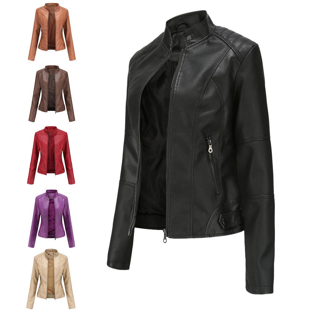 Women'S Leather Clothes Women'S Spring Autumn Coat Women'S Plus Size Stand Collar Slim Thin Leather Jacket 19