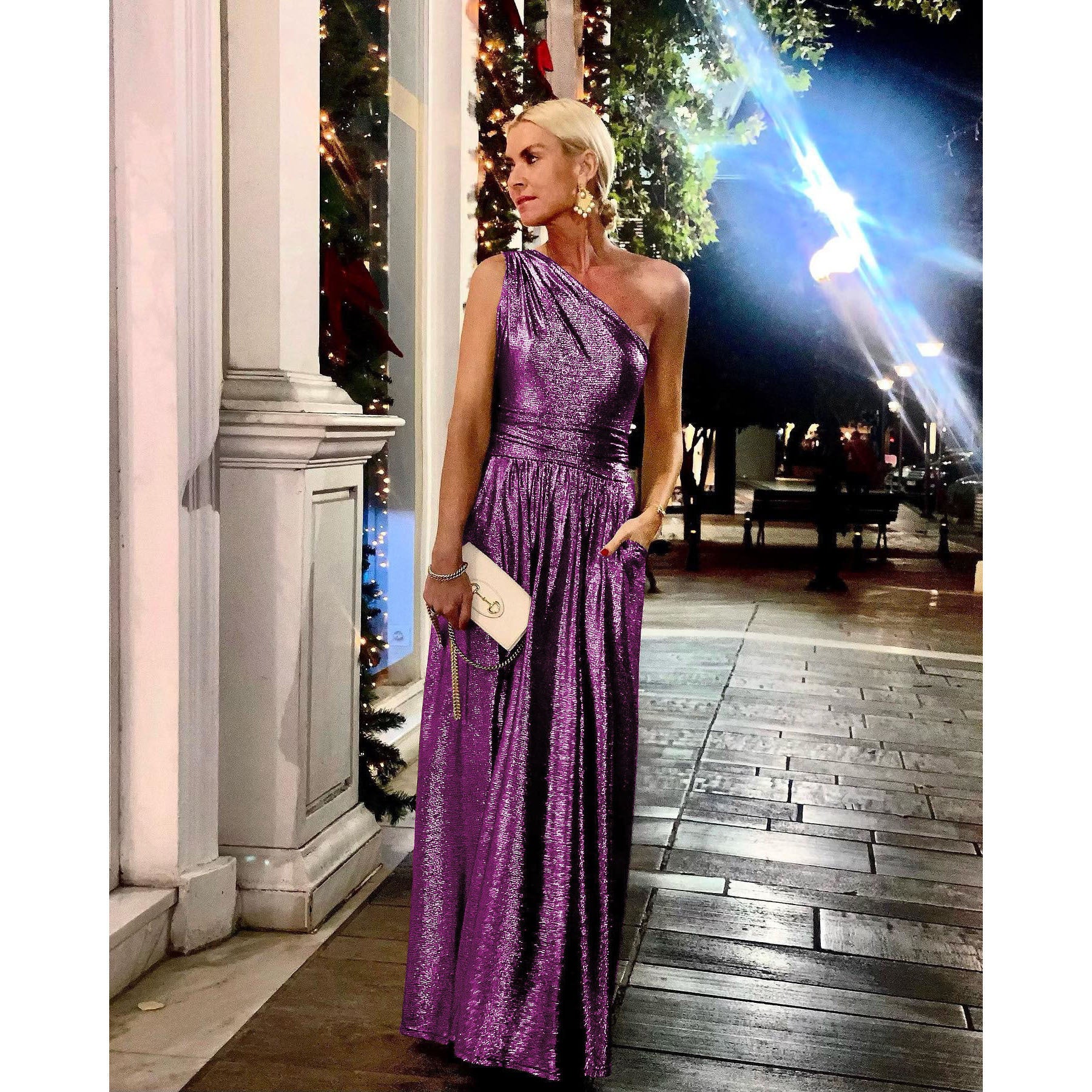 Spring Summer Style Shiny Slash Shoulder Pocket Swing Dress Casual Party Dress 3