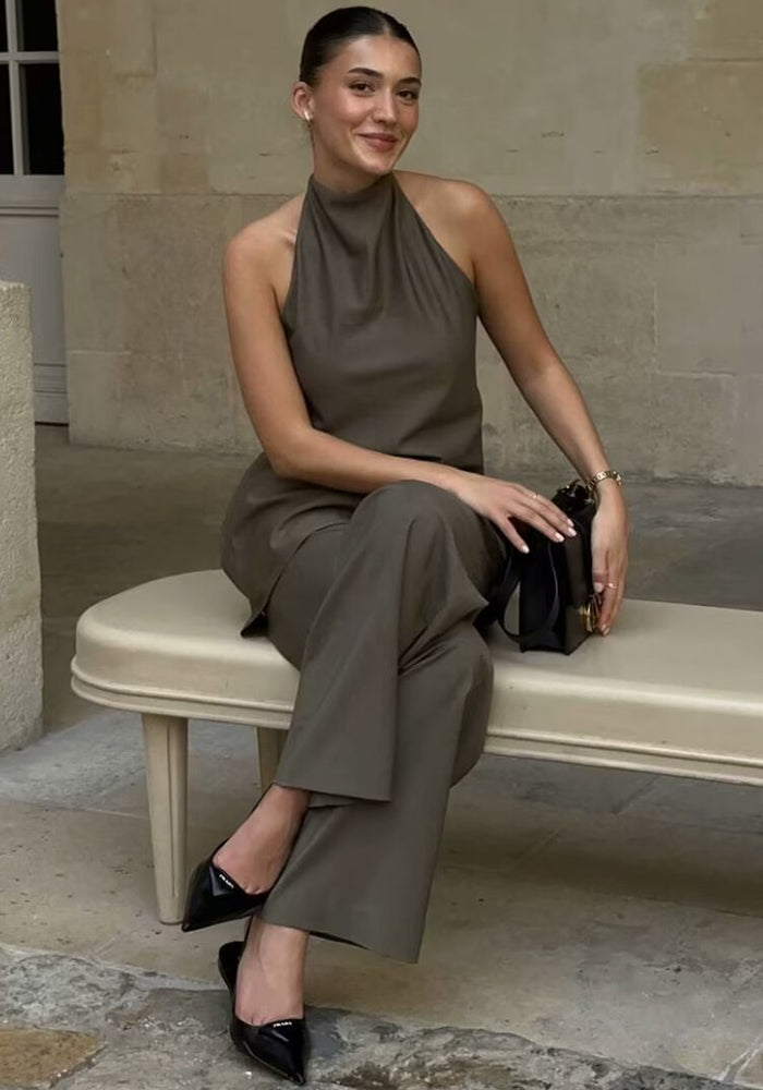 Halter Neck Vest Top  Mid-Waist Trousers Casual Two Piece Set