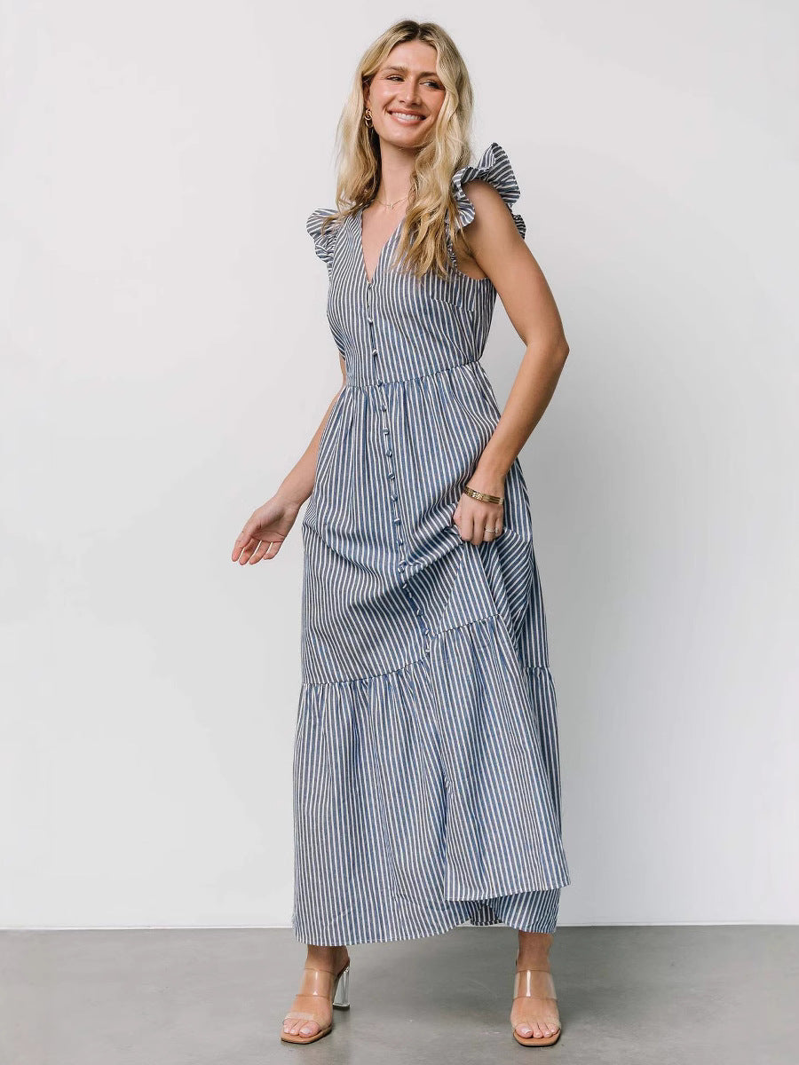 Women's Striped Print Holiday Long Dress Bohemian V-Neck Shirt Dress