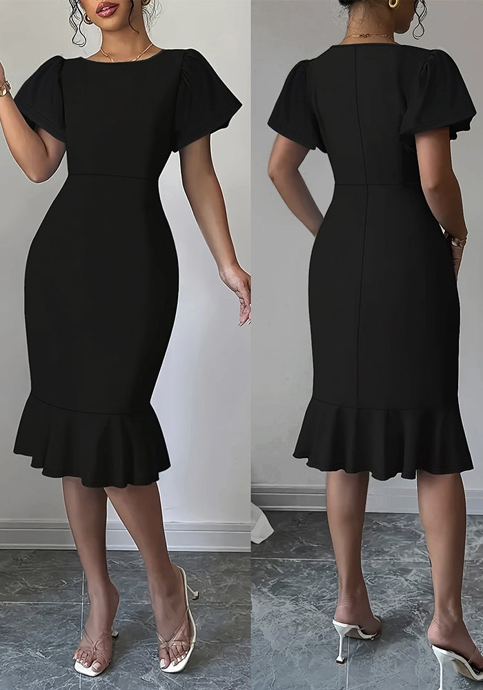 Women's Fashion Elegant Plus Size Round Neck Ruffle Midi Dress