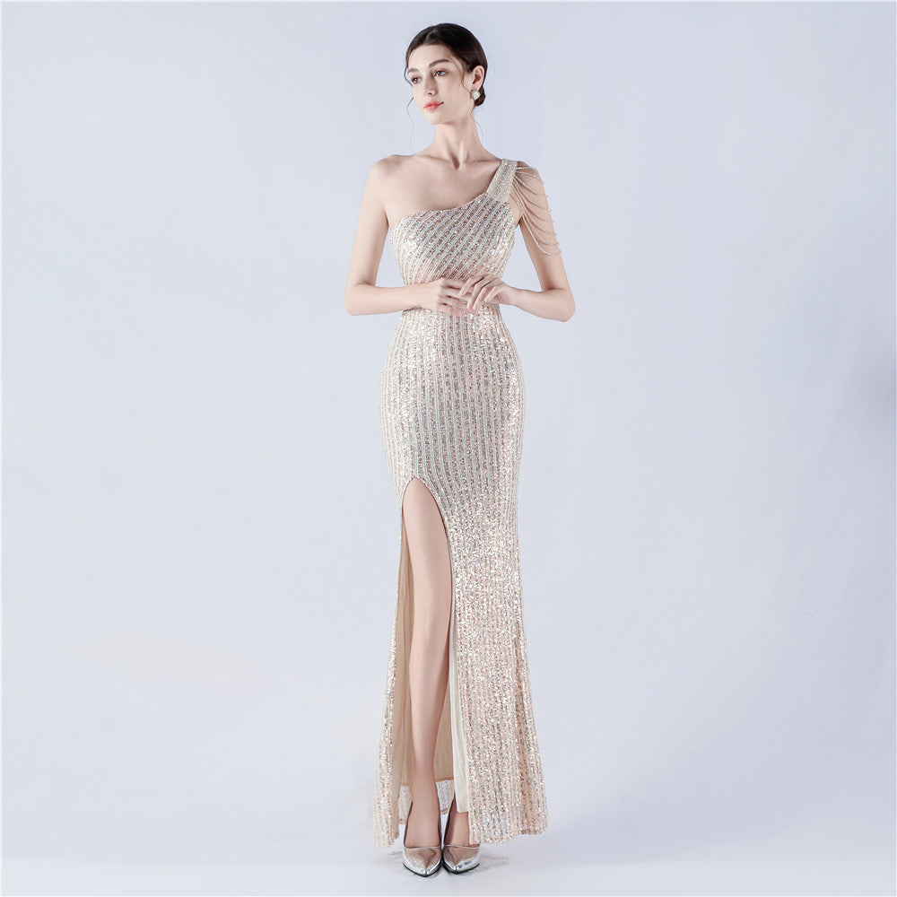 Women Beaded One Shoulder Slash Shoulder Split sequined evening dress 7