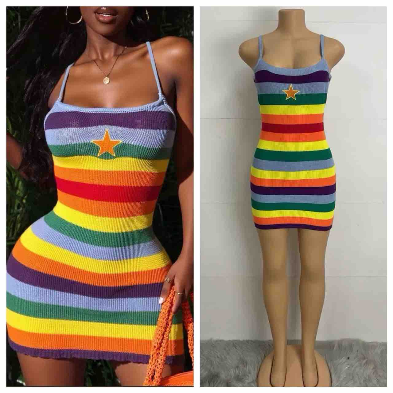 Summer Cute Girl's Strappy Sleeveless Rainbow Stripes Vest Dress
