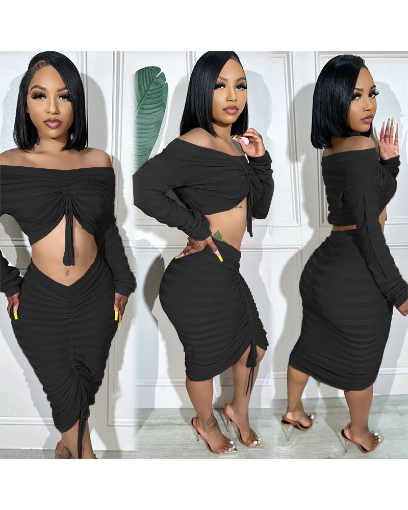 Women's Autumn and Winter Fashion Long Sleeve Off Shoulder Crop Top Drawstring Skirt Knitted two piece Set 5