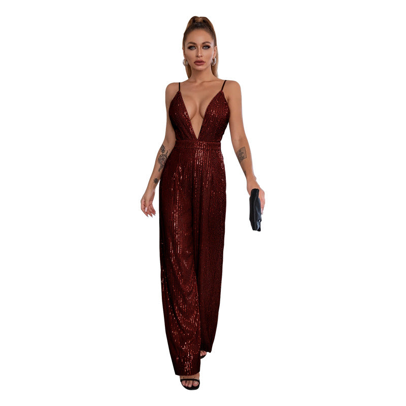 Deep V Neck Low Back Sleeveless Chic Sequined Straps Elegant Women's Party Jumpsuit 27