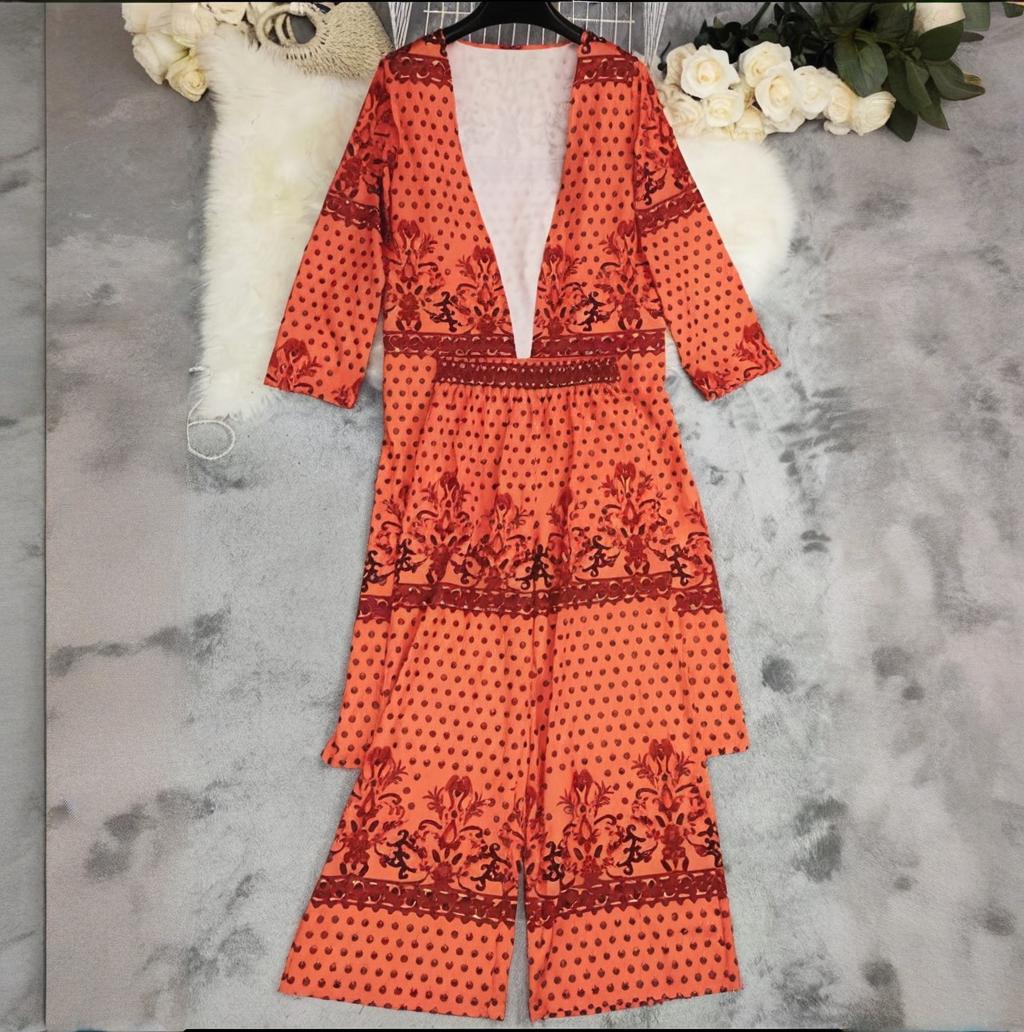 Women  Spring Summer Print Top and Wide Leg Pants Two Piece Set 3