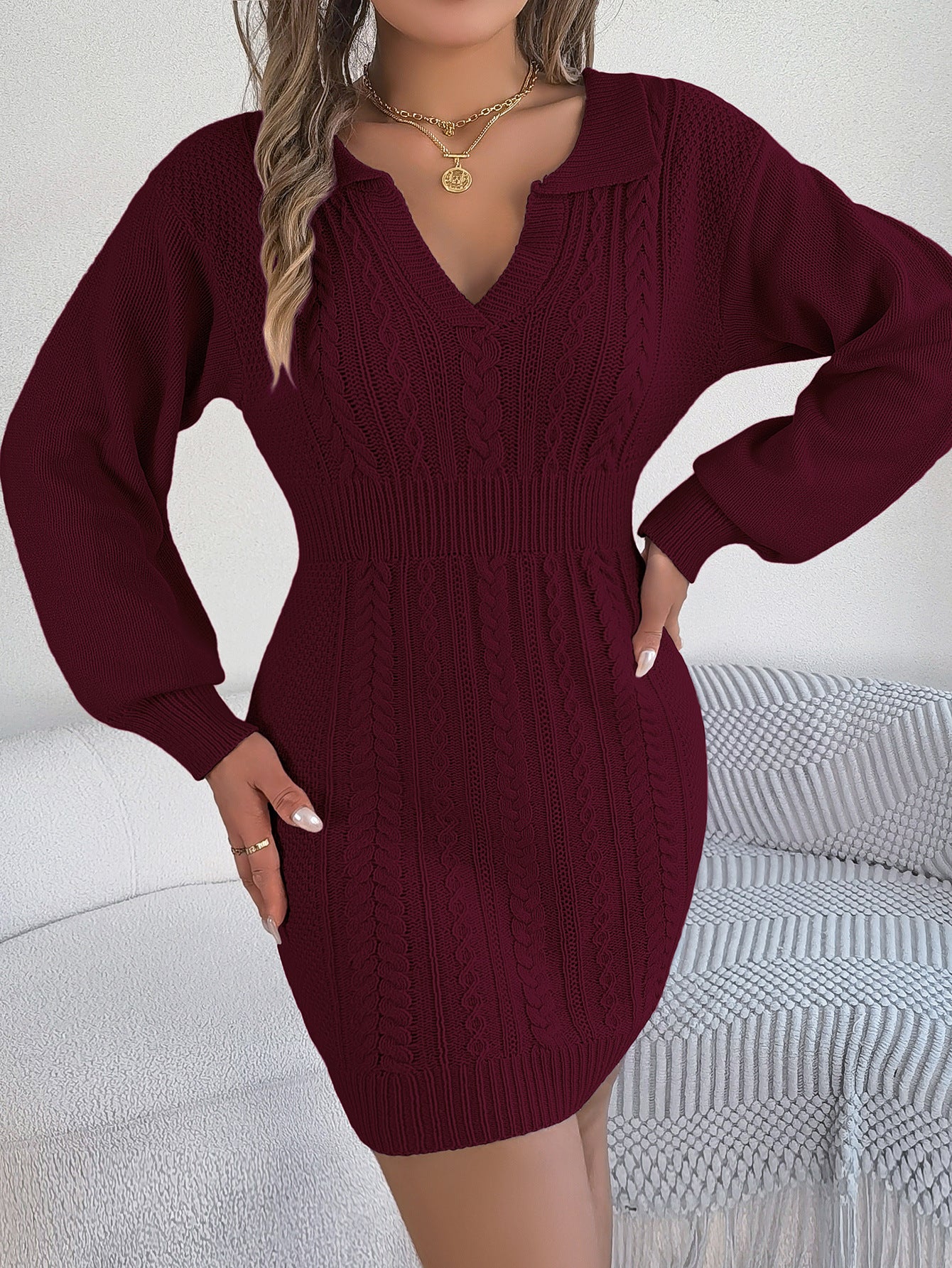 Women V-Neck Balloon Sleeve Bodycon Sweater Dress 4