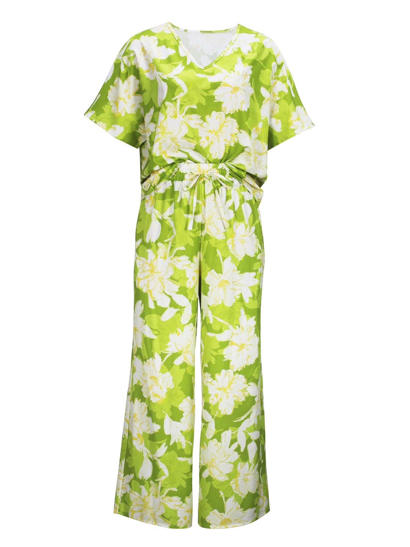 Women Elegant V-neck Short Sleeve Top and Long Pants Casual Two-piece Set 7