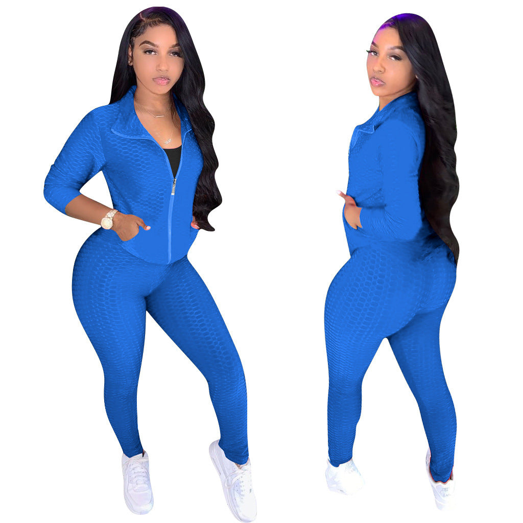 Women's Stand Collar Hoodless Jacquard High Stretch Fabric Long Sleeve Pant Set Two Piece 7