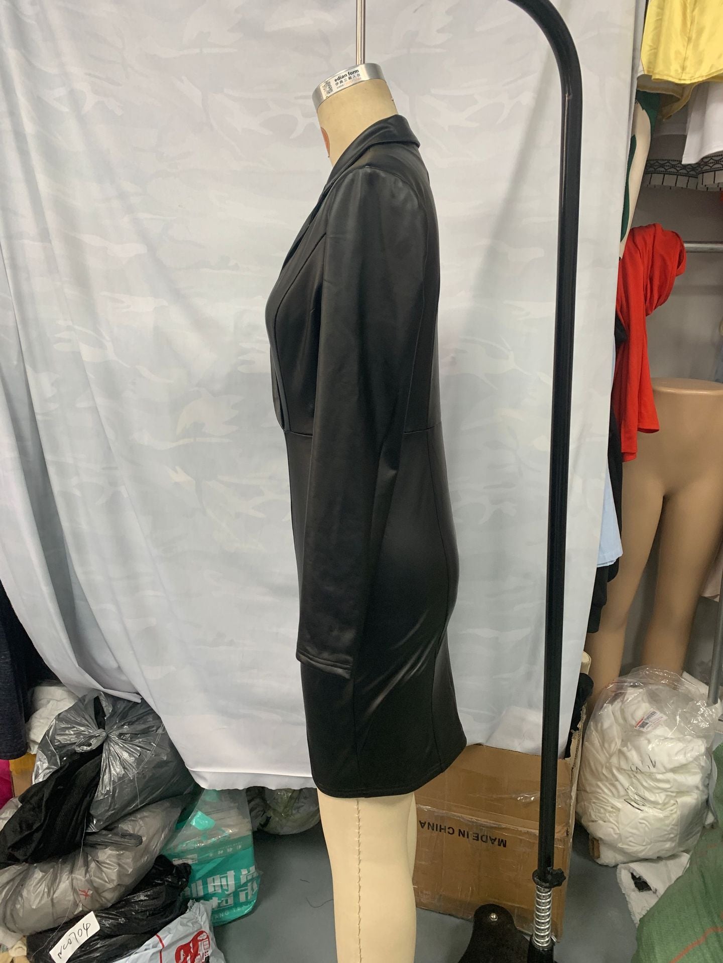 V-Neck Slim Sexy Long-Sleeve PU Leather Dress 6