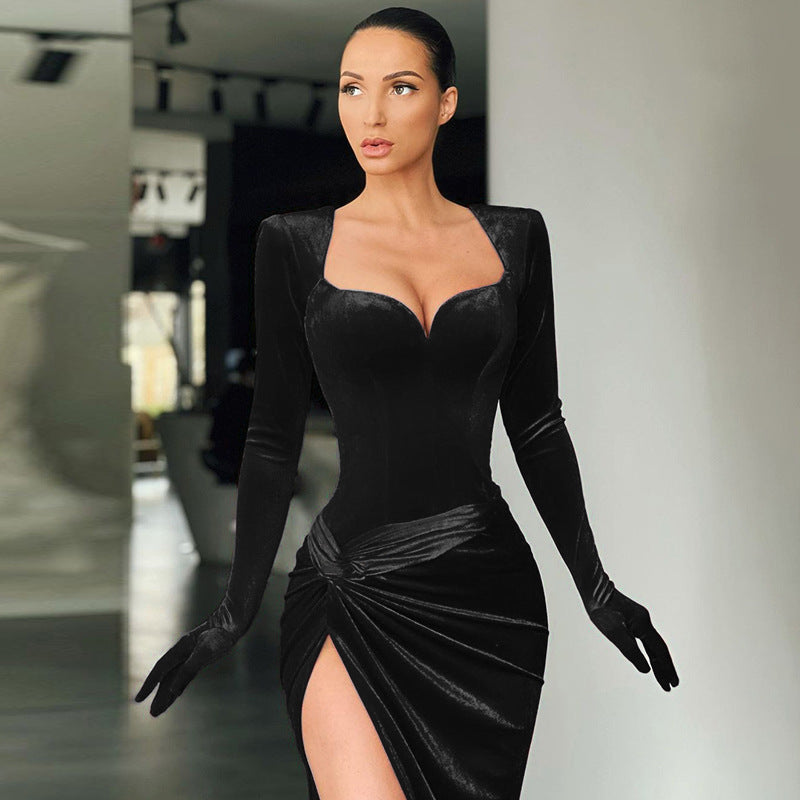 Women's Fall Winter Chic Slim Fit Sexy Plunging High Waist Gloves Velvet Dress 9