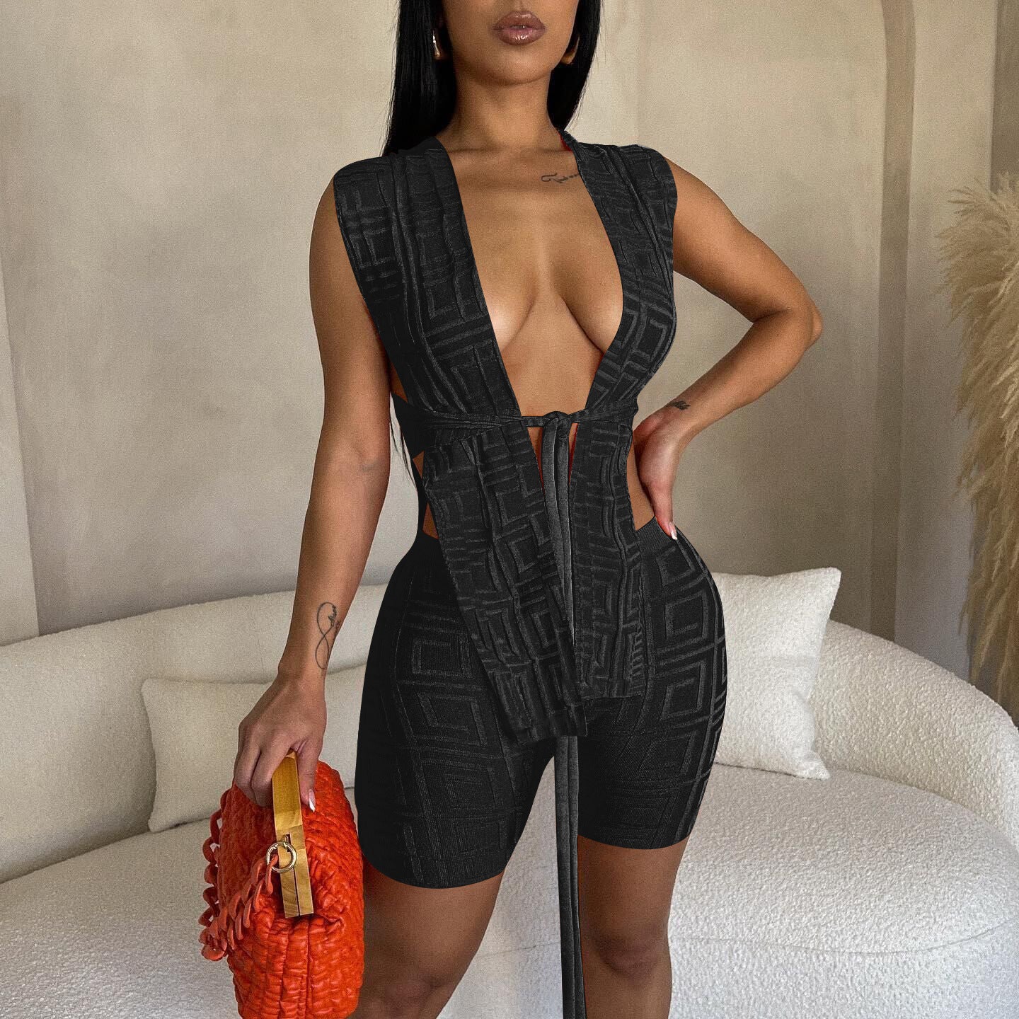 Women's Fashion Jacquard Sexy Tank + Shorts Two-Piece Set 4