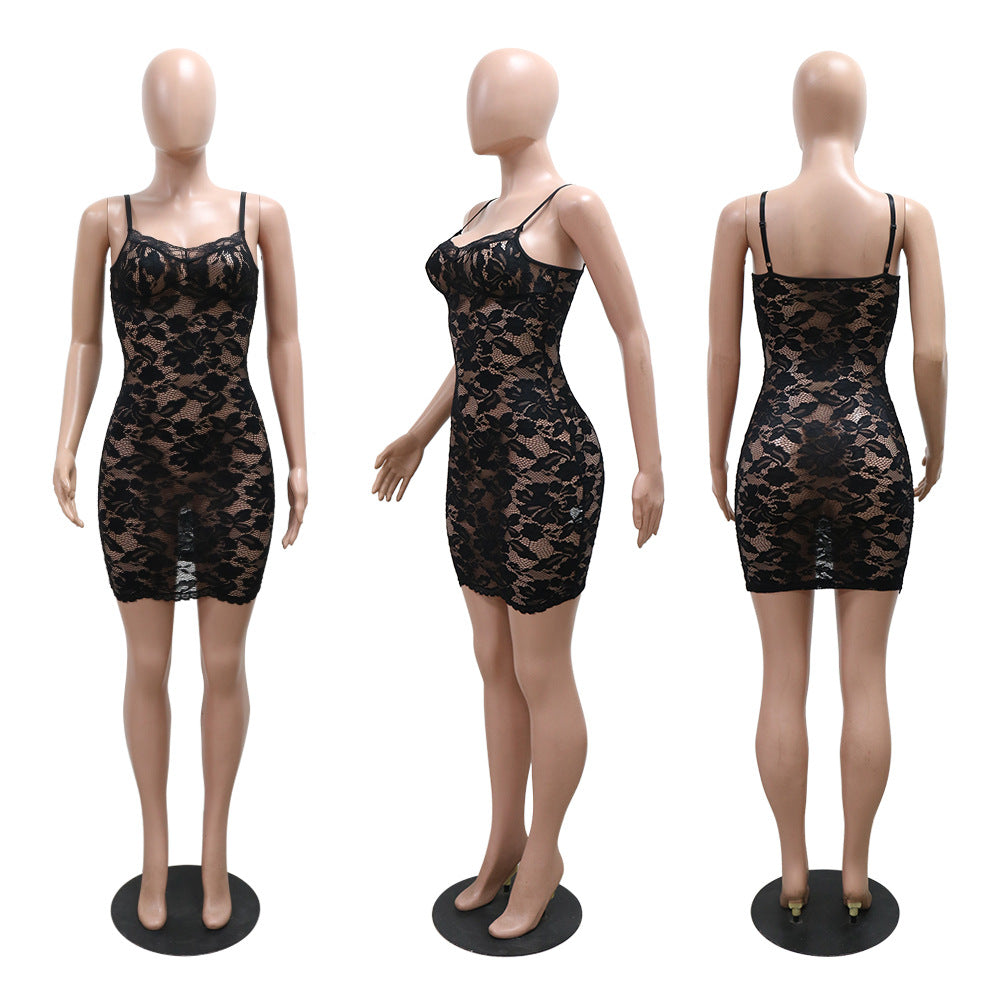 Sexy Solid Color Lace Strap Bodycon Dress 8