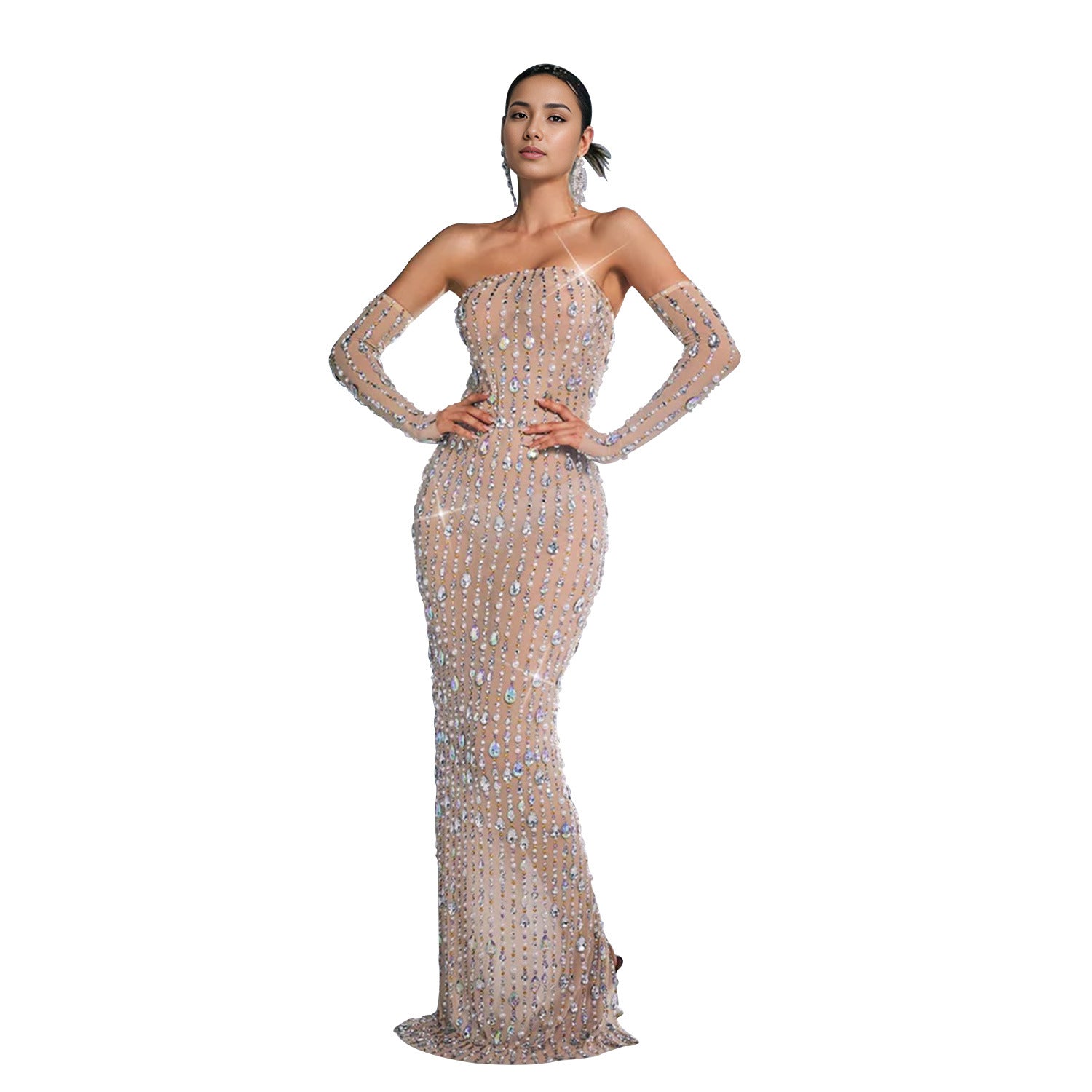 Fashion Women's Clothing Beaded Rhinestone Strapless Sexy See Through Nightclub Long Dress 8