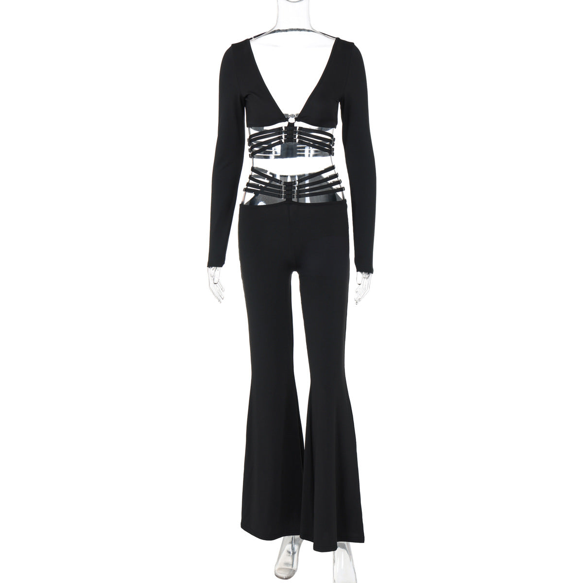 Women Sexy V-neck Long Sleeve Top and Lace-Up Wide Leg Pants Two-piece Set 6