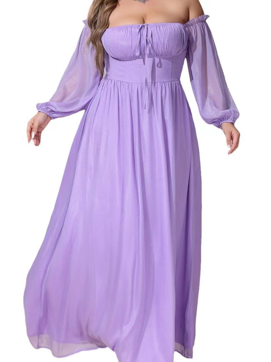 Plus Size Women Chiffon Off Shoulder Strapless Sexy Lace Puff Sleeve Dress 6