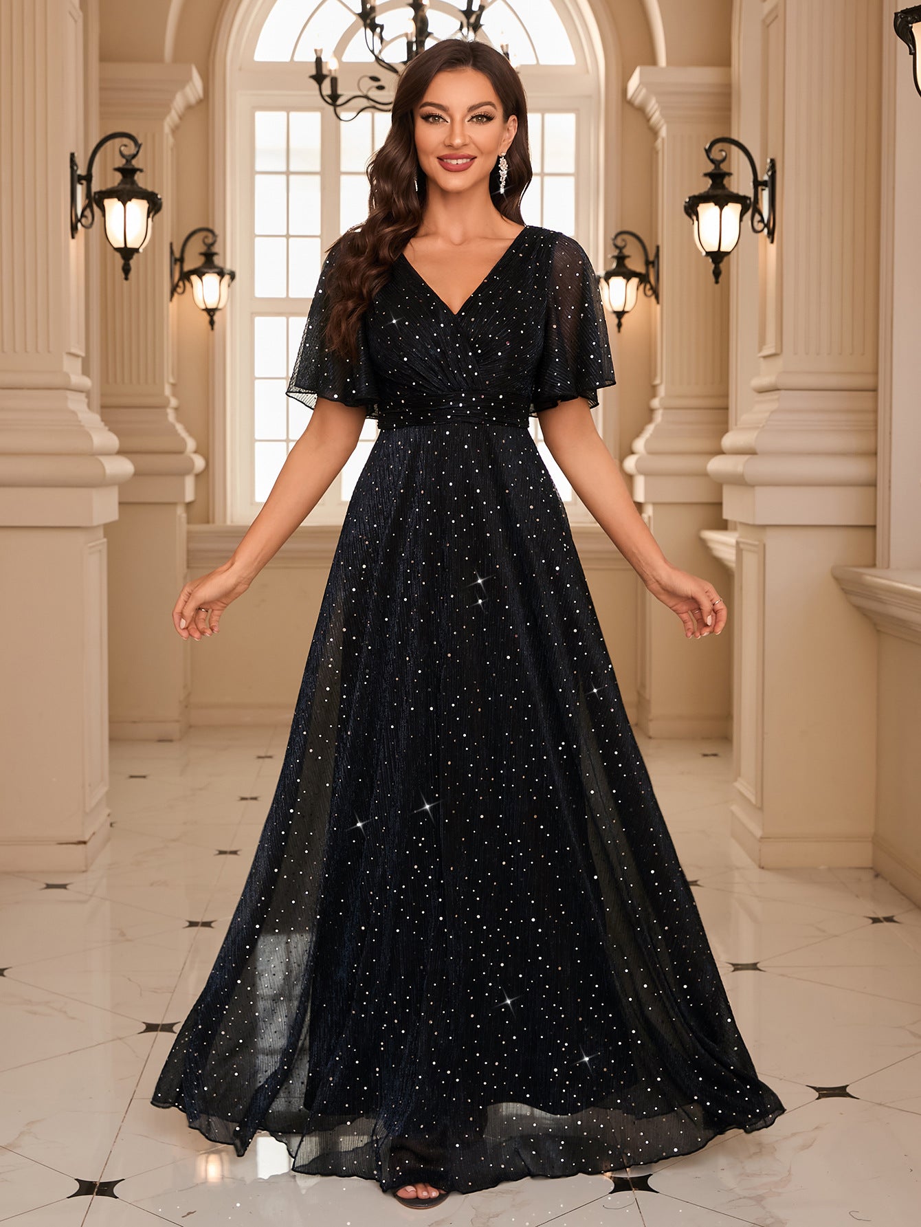 Women V-Neck Solid Ruffle Sleeve Pleated Elegant Sequin Evening Dress