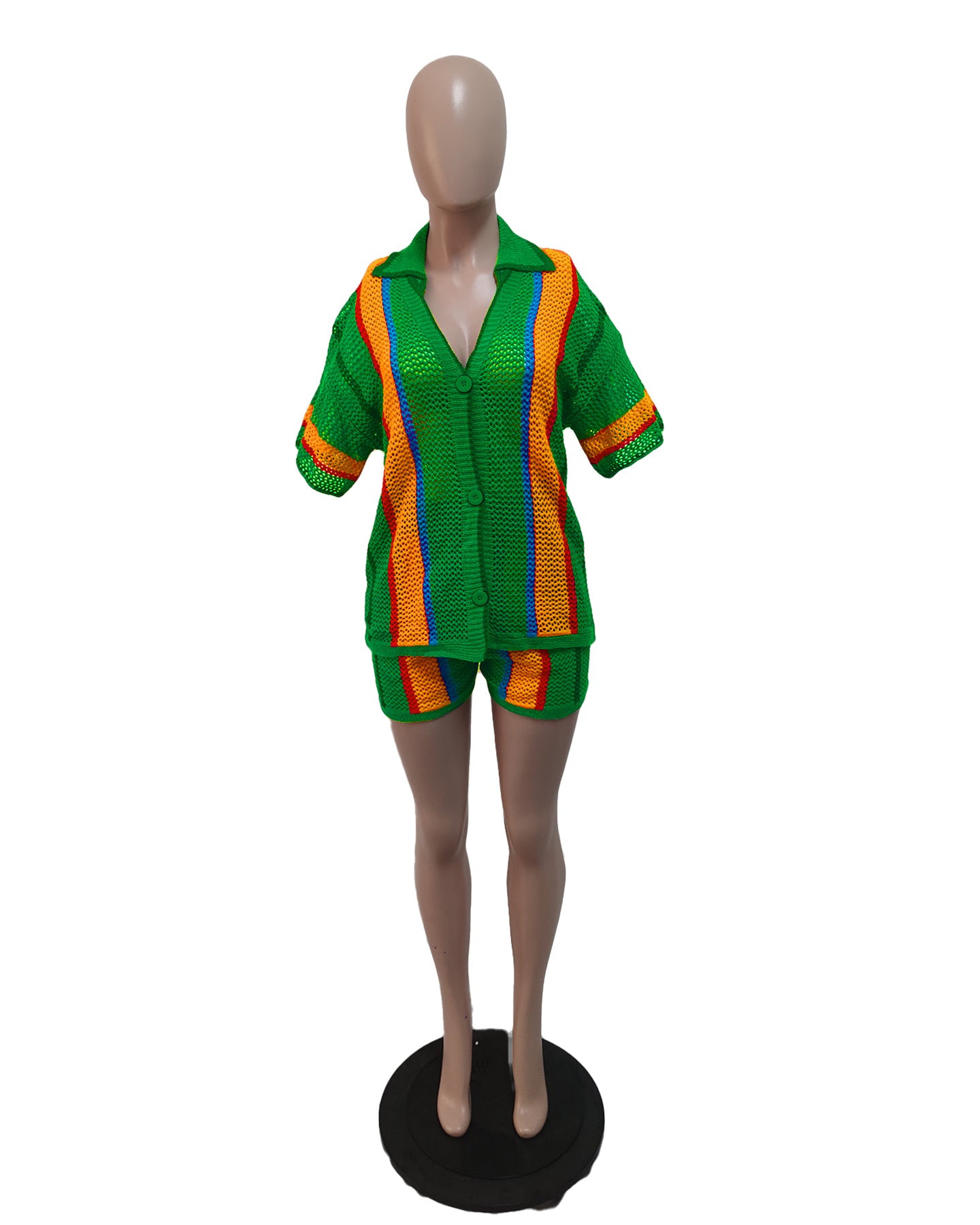 Women's Sexy Hollow See-Through Turndown Collar Knitting Two Piece Shorts Set 36