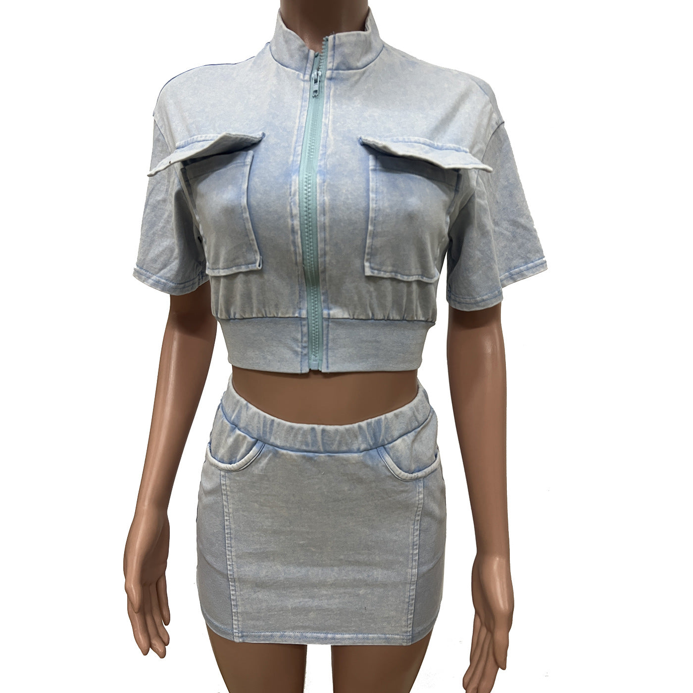 Women casual washed patchwork pocket top and skirt two-piece set 13