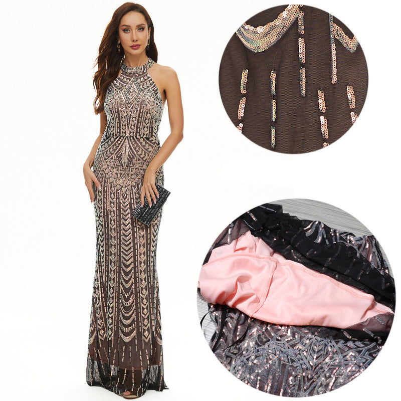 Floral Sequins Formal Party Evening Dress Long Luxurious And Sexy Halter Neck Fishtail Dress 4