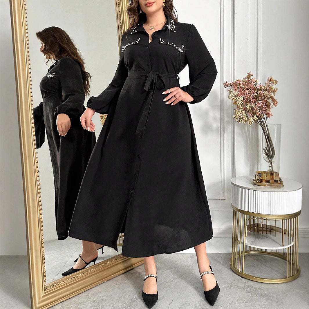 Plus Size Autumn/Spring Slim Waist Black Maxi Dress 4