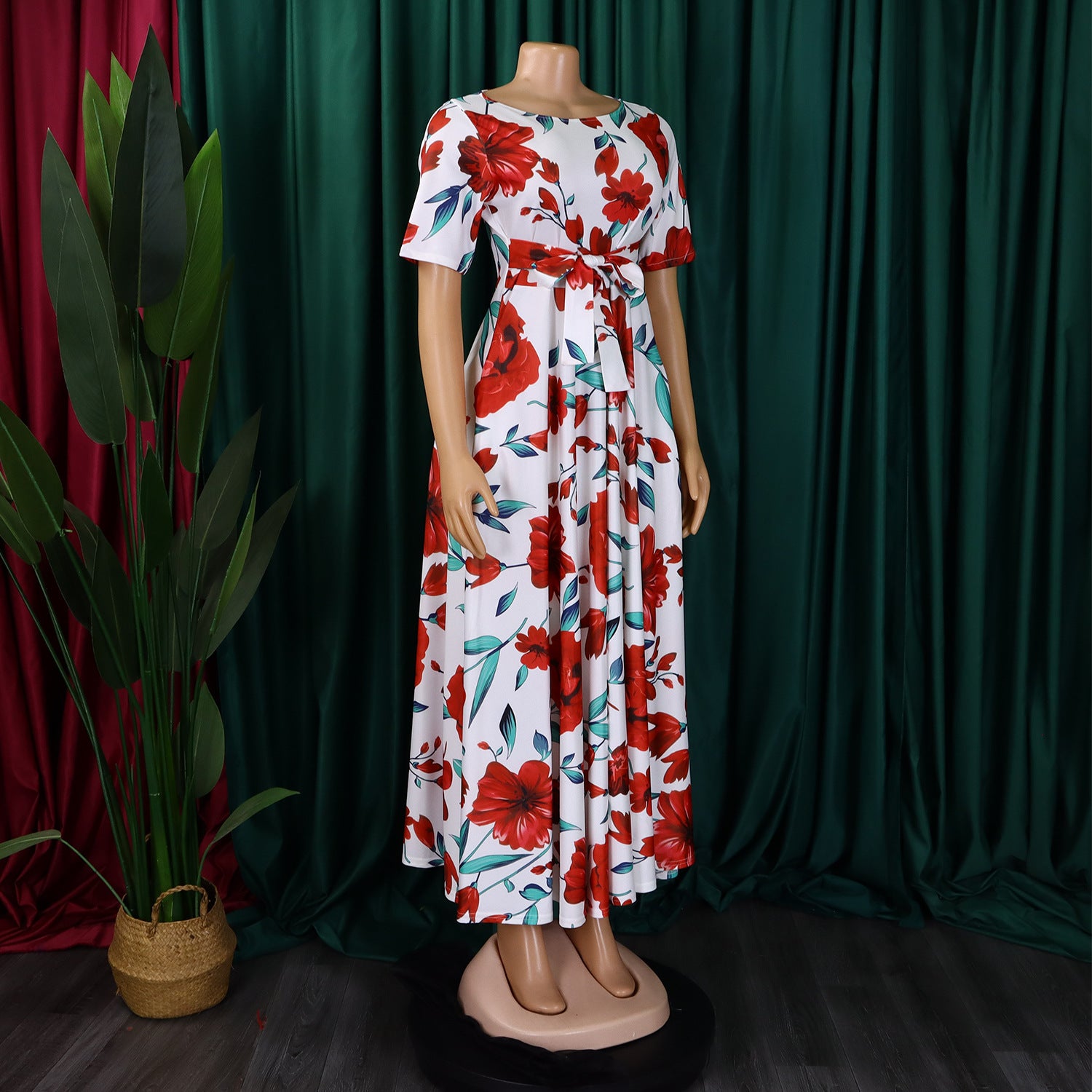 Women's Fashion Chic Tie-Waist African Plus Size Short Sleeve A-Line Dress 47