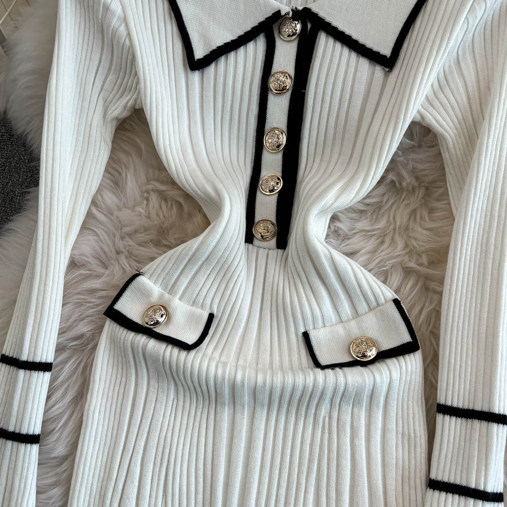 Winter Turndown Collar Knitting Dress Women Long Sleeve Fashion Chic Slim Waist Sweater Dress 18