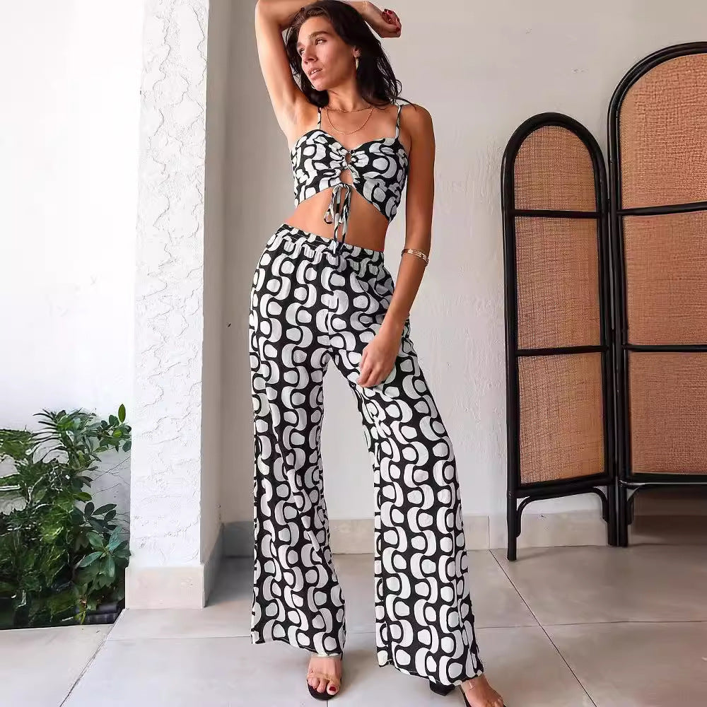 Women print lace-up hollow sling top and wide-leg pants two-piece set 5