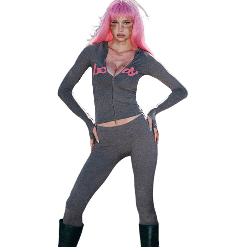 Women Fall/Winter Hooded Letter Print Zipper Top and Pants Two-Piece Set