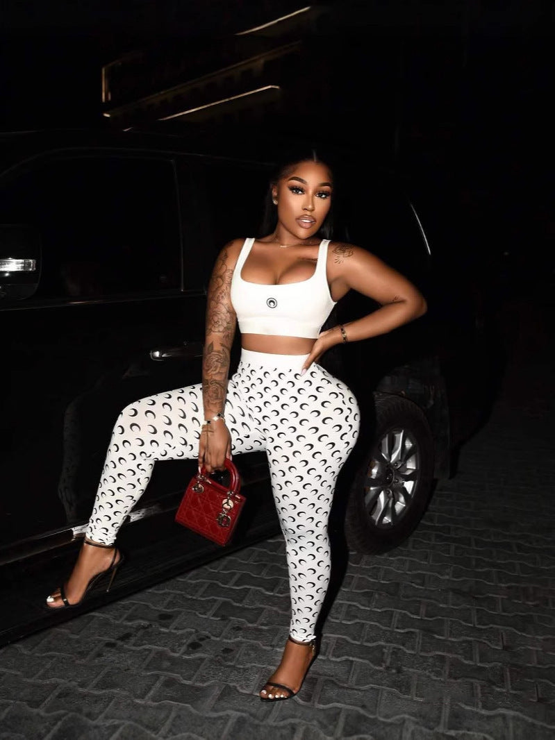 Women summer sexy strap top and printed trousers two-piece set