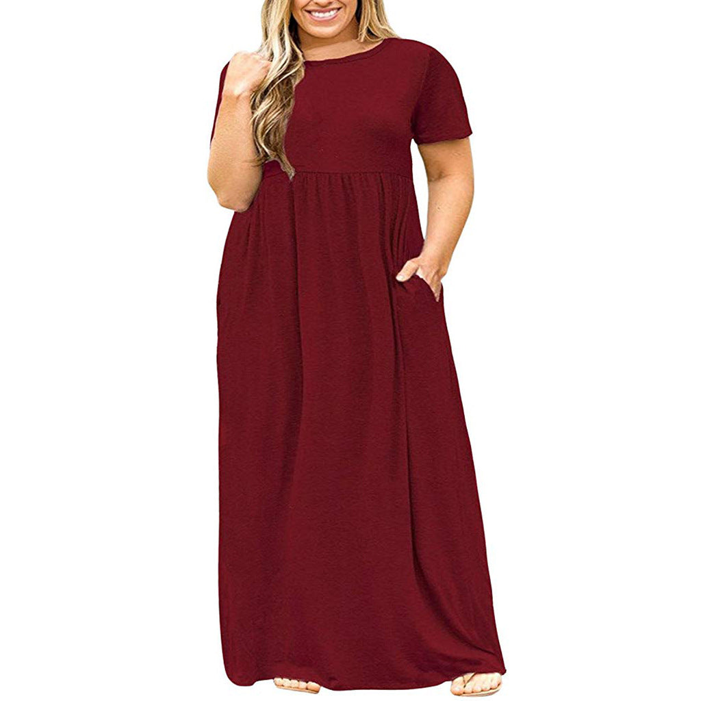 Summer Women's Short Sleeve Round Neck Solid Plus Size Dress Print Maxi Dress 19