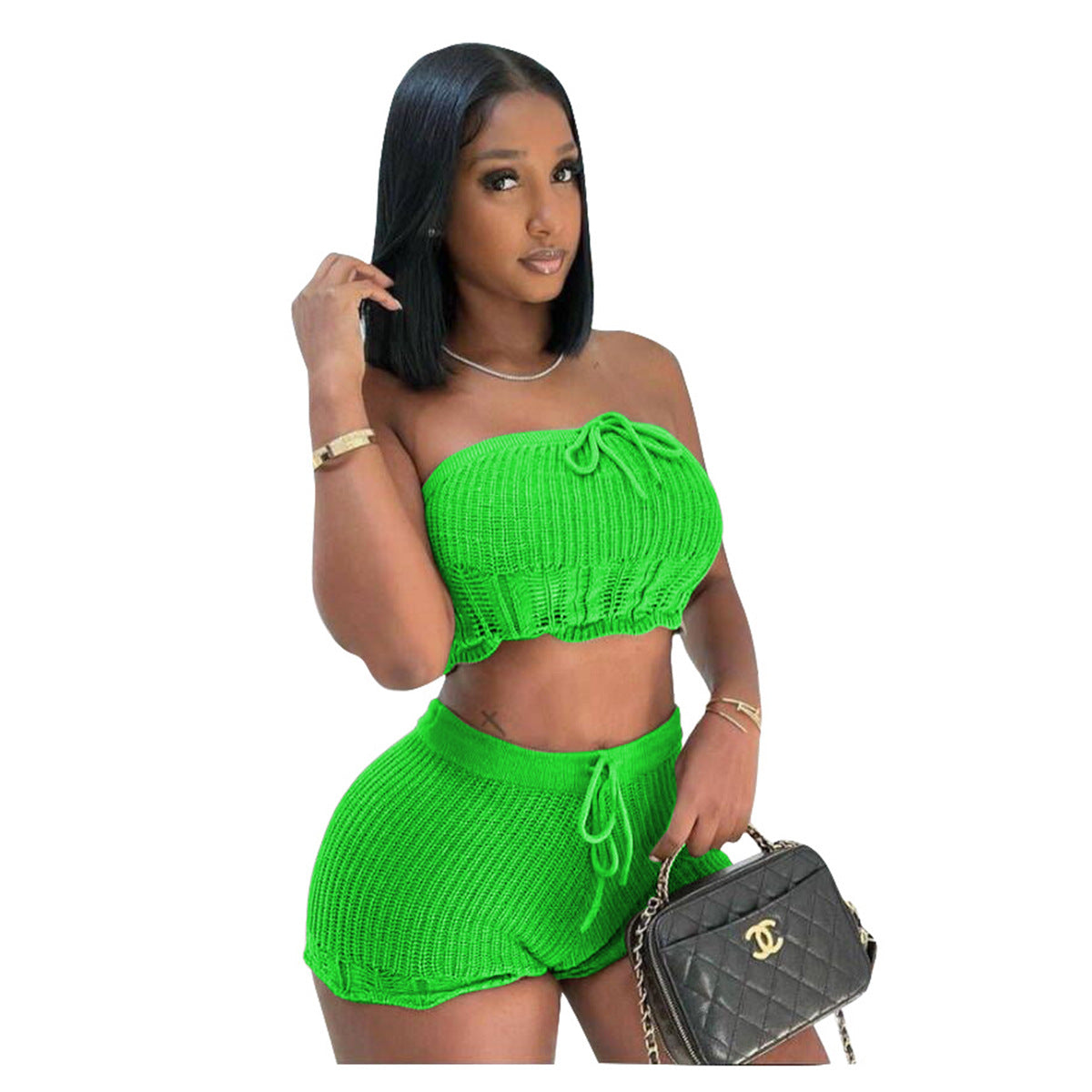 Women Casual Knitting Strapless Tube Top and Shorts Two-Piece Set 14