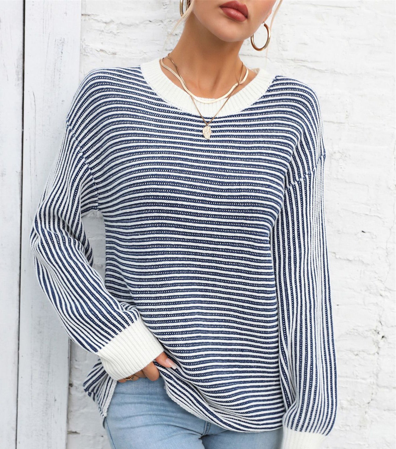 Autumn And Winter Women's Color-Blocked Round Neck Pullover Sweater Striped Knitting Top 16
