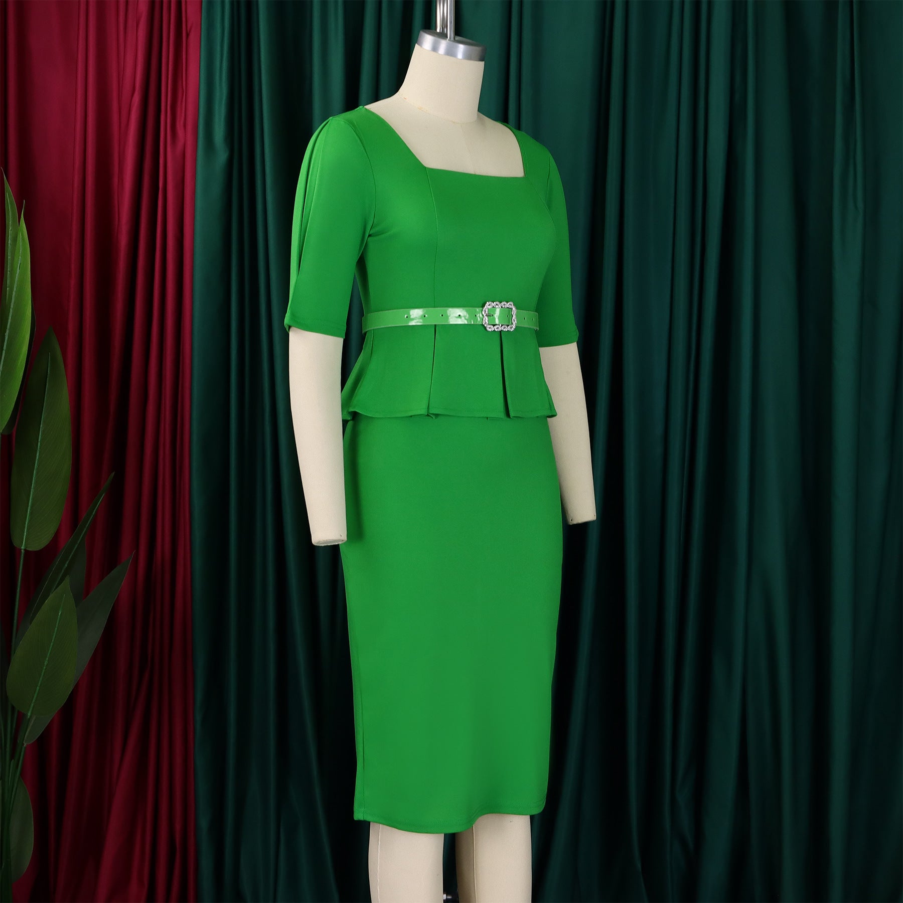 African Women's Turndown Collar Fashion Chic Short Sleeve OL Ruffle Slim Waist Dress 10