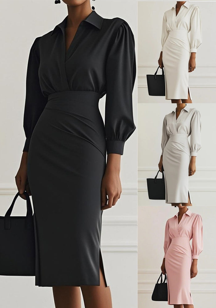 Women Fall V-Neck Solid Pleated Dress