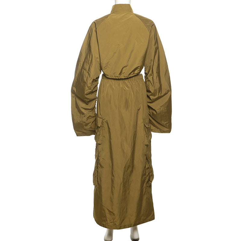 Autumn Women's Clothing Zipper Slim Long Sleeve Crop Jacket Cargo Skirt Two Piece Set 14