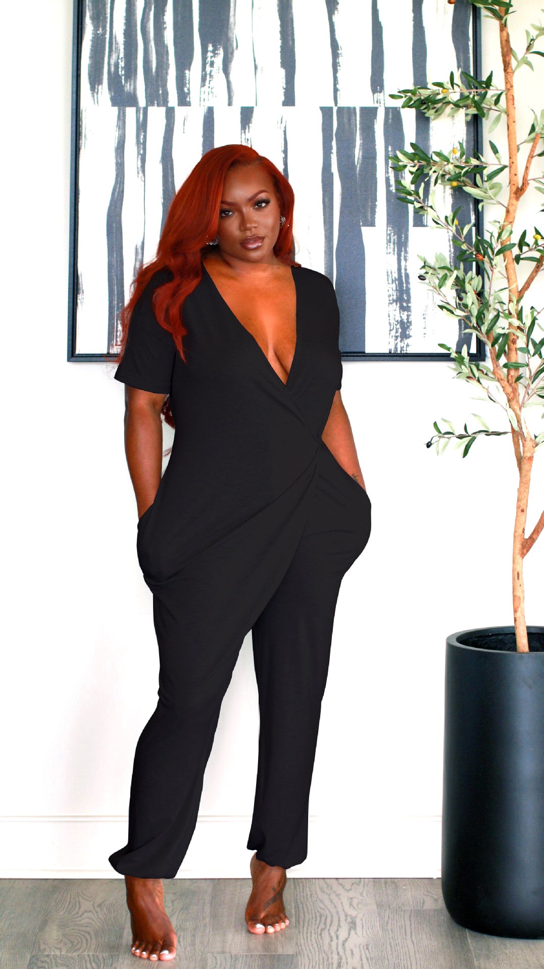 Women Solid V-Neck Short Sleeve Jumpsuit 7