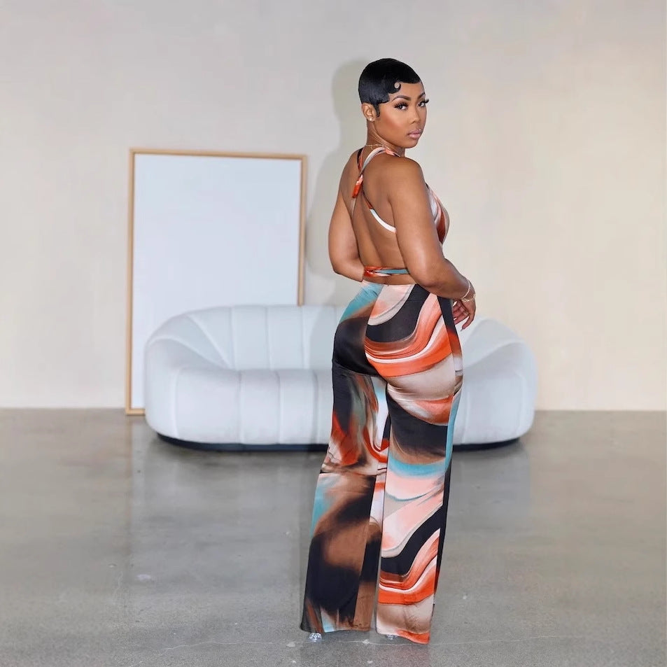 Women sexy print Backless Halter Neck Jumpsuits 4